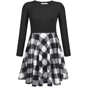 Arshiner Girls Long Sleeve Stretchy Dress A line Twirly Skater School Party Dress(Black Plaid)
