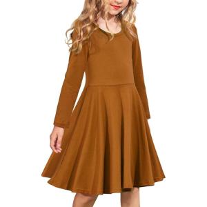 Arshiner Girls Long Sleeve Stretchy Dress A line Twirly Skater School Party Dress(Brown)