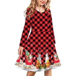 Arshiner Girls Long Sleeve Stretchy Dress A line Twirly Skater School Party Dress(Christmas Red Plaid)