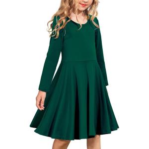 Arshiner Girls Long Sleeve Stretchy Dress A line Twirly Skater School Party Dress(Dark Green)