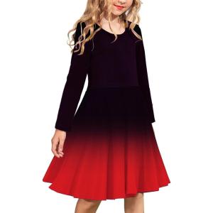 Arshiner Girls Long Sleeve Stretchy Dress A line Twirly Skater School Party Dress(Gradient Black Red)
