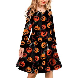 Arshiner Girls Long Sleeve Stretchy Dress A line Twirly Skater School Party Dress(Halloween Pumpkin)