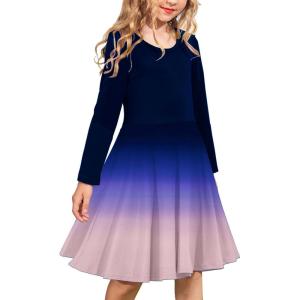 Arshiner Girls Long Sleeve Stretchy Dress A line Twirly Skater School Party Dress(Navy Blue Gradient)