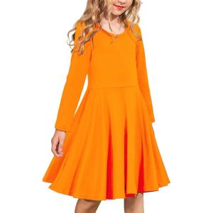Arshiner Girls Long Sleeve Stretchy Dress A line Twirly Skater School Party Dress(Orange)