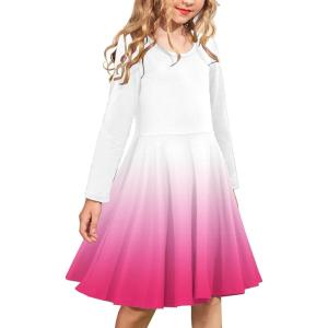 Arshiner Girls Long Sleeve Stretchy Dress A line Twirly Skater School Party Dress(Pink Gradient)