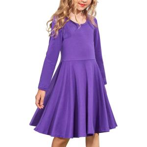 Arshiner Girls Long Sleeve Stretchy Dress A line Twirly Skater School Party Dress(Purple)
