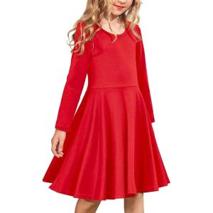 Arshiner Girls Long Sleeve Stretchy Dress A line Twirly Skater School Party Dress(Red)