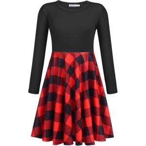 Arshiner Girls Long Sleeve Stretchy Dress A line Twirly Skater School Party Dress(Red Plaid)