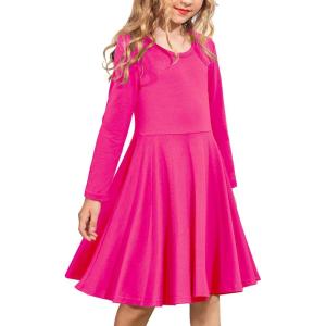 Arshiner Girls Long Sleeve Stretchy Dress A line Twirly Skater School Party Dress(Rose Red)