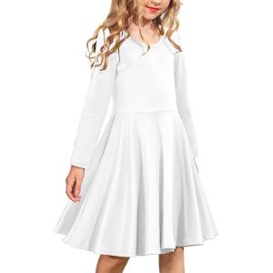 Arshiner Girls Long Sleeve Stretchy Dress A line Twirly Skater School Party Dress(White)