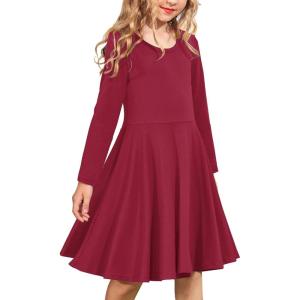 Arshiner Girls Long Sleeve Stretchy Dress A line Twirly Skater School Party Dress(Wine Red)