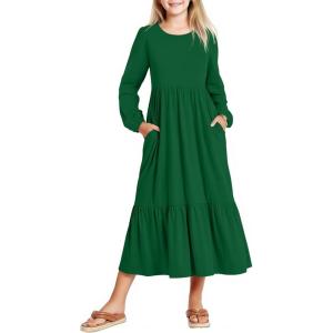 Arshiner Girls Maxi Dresses Lantern Long Sleeve Casual Holiday Dress with Pockets for 5-14 Y(Dark Green)