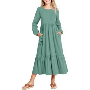 Arshiner Girls Maxi Dresses Lantern Long Sleeve Casual Holiday Dress with Pockets for 5-14 Y(Light Green)