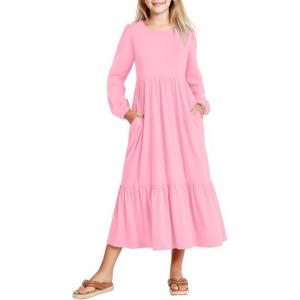 Arshiner Girls Maxi Dresses Lantern Long Sleeve Casual Holiday Dress with Pockets for 5-14 Y(Pink)