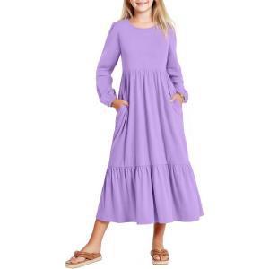Arshiner Girls Maxi Dresses Lantern Long Sleeve Casual Holiday Dress with Pockets for 5-14 Y(Purple)