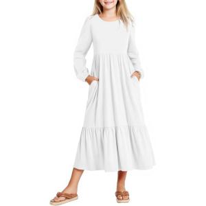 Arshiner Girls Maxi Dresses Lantern Long Sleeve Casual Holiday Dress with Pockets for 5-14 Y(White)