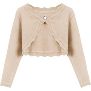 Arshiner Girls Open Front Bolero Shrug Kids Long Sleeve Cropped Elegant Cardigan Knit Sweater(Light Khaki)