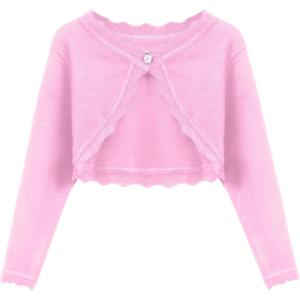 Arshiner Girls Open Front Bolero Shrug Kids Long Sleeve Cropped Elegant Cardigan Knit Sweater(Pink)