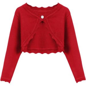 Arshiner Girls Open Front Bolero Shrug Kids Long Sleeve Cropped Elegant Cardigan Knit Sweater(Red)