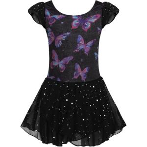 Arshiner Girls Ruffle Sleeve Ballet Dance Dress Tutu Skirted Leotard(Butterfly Black)
