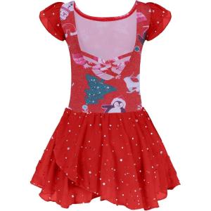 Arshiner Girls Ruffle Sleeve Ballet Dance Dress Tutu Skirted Leotard(Christmas Prints)