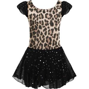 Arshiner Girls Ruffle Sleeve Ballet Dance Dress Tutu Skirted Leotard(Leopard Black)