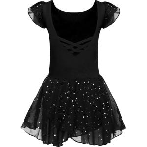 Arshiner Girls Ruffle Sleeve Ballet Dance Dress Tutu Skirted Leotard(Z_black)