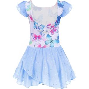 Arshiner Girls Ruffle Sleeve Ballet Dance Dress Tutu Skirted Leotard(Z_blue Butterfly)