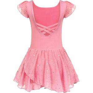 Arshiner Girls Ruffle Sleeve Ballet Dance Dress Tutu Skirted Leotard(Z_dark Pink)