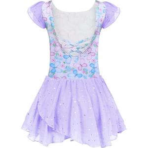 Arshiner Girls Ruffle Sleeve Ballet Dance Dress Tutu Skirted Leotard(Z_lilac Flower)