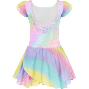 Arshiner Girls Ruffle Sleeve Ballet Dance Dress Tutu Skirted Leotard(Z_rainbow Leopard)