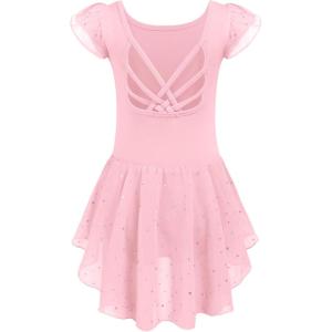 Arshiner Girls Shiny Ruffle Sleeve Ballet Leotard with Skirt Criss-Cross Back Dance Dresses(Ballet Pink)