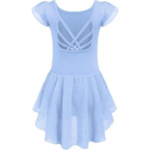 Arshiner Girls Shiny Ruffle Sleeve Ballet Leotard with Skirt Criss-Cross Back Dance Dresses(Blue)