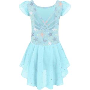 Arshiner Girls Shiny Ruffle Sleeve Ballet Leotard with Skirt Criss-Cross Back Dance Dresses(Blue Ocean)