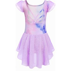 Arshiner Girls Shiny Ruffle Sleeve Ballet Leotard with Skirt Criss-Cross Back Dance Dresses(Colorful)