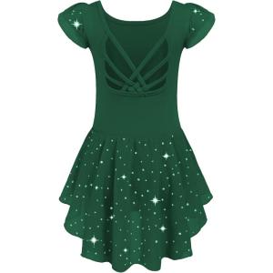 Arshiner Girls Shiny Ruffle Sleeve Ballet Leotard with Skirt Criss-Cross Back Dance Dresses(Dark Green)