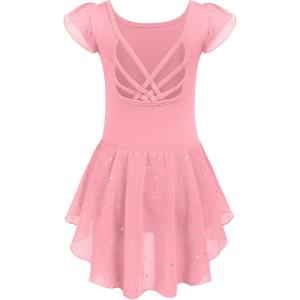 Arshiner Girls Shiny Ruffle Sleeve Ballet Leotard with Skirt Criss-Cross Back Dance Dresses(Dark Pink)