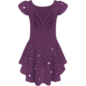Arshiner Girls Shiny Ruffle Sleeve Ballet Leotard with Skirt Criss-Cross Back Dance Dresses(Dark Purple)