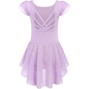 Arshiner Girls Shiny Ruffle Sleeve Ballet Leotard with Skirt Criss-Cross Back Dance Dresses(Lilac)