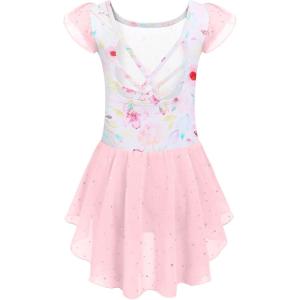 Arshiner Girls Shiny Ruffle Sleeve Ballet Leotard with Skirt Criss-Cross Back Dance Dresses(Pink Floral)