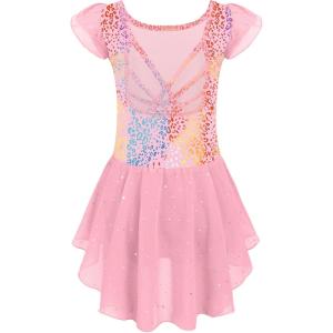 Arshiner Girls Shiny Ruffle Sleeve Ballet Leotard with Skirt Criss-Cross Back Dance Dresses(Pink Leopard)