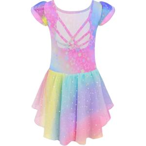 Arshiner Girls Shiny Ruffle Sleeve Ballet Leotard with Skirt Criss-Cross Back Dance Dresses(Rainbow Star)