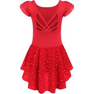 Arshiner Girls Shiny Ruffle Sleeve Ballet Leotard with Skirt Criss-Cross Back Dance Dresses(Red)