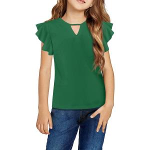 Arshiner Girls Shirts Short Sleeve Tee Ruffle Solid Summer Keyhole Neck Cotton Blouse Tops(Green)
