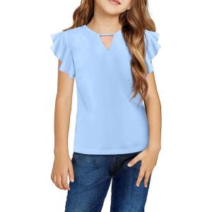 Arshiner Girls Shirts Short Sleeve Tee Ruffle Solid Summer Keyhole Neck Cotton Blouse Tops(Light Blue)