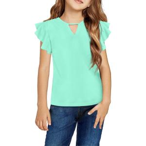 Arshiner Girls Shirts Short Sleeve Tee Ruffle Solid Summer Keyhole Neck Cotton Blouse Tops(Light Green)