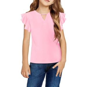 Arshiner Girls Shirts Short Sleeve Tee Ruffle Solid Summer Keyhole Neck Cotton Blouse Tops(Light Pink)