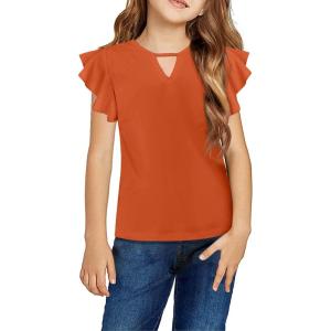 Arshiner Girls Shirts Short Sleeve Tee Ruffle Solid Summer Keyhole Neck Cotton Blouse Tops(Orange)
