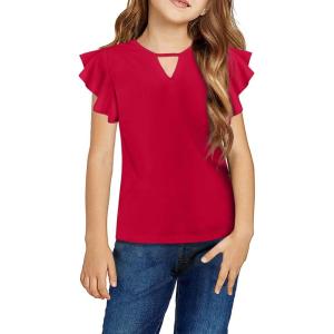 Arshiner Girls Shirts Short Sleeve Tee Ruffle Solid Summer Keyhole Neck Cotton Blouse Tops(Red)