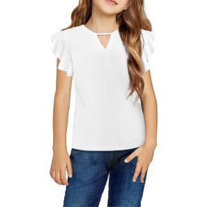 Arshiner Girls Shirts Short Sleeve Tee Ruffle Solid Summer Keyhole Neck Cotton Blouse Tops(White)